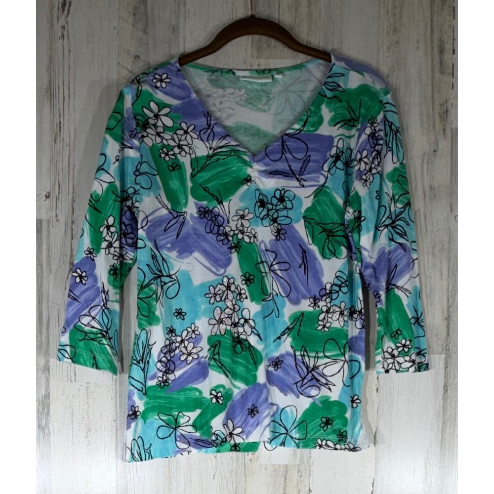 Lulu-B Floral Abstract Top Small Green Blue Purple 3/4 Sleeve V-Neck Cotton